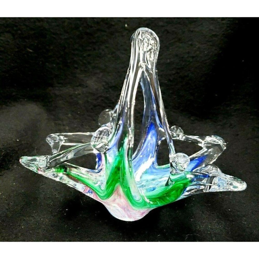 STUNNING! Vintage Art Glass Basket Candy Dish Blue Pink Green Swirl Colorful - Picture 3 of 6
